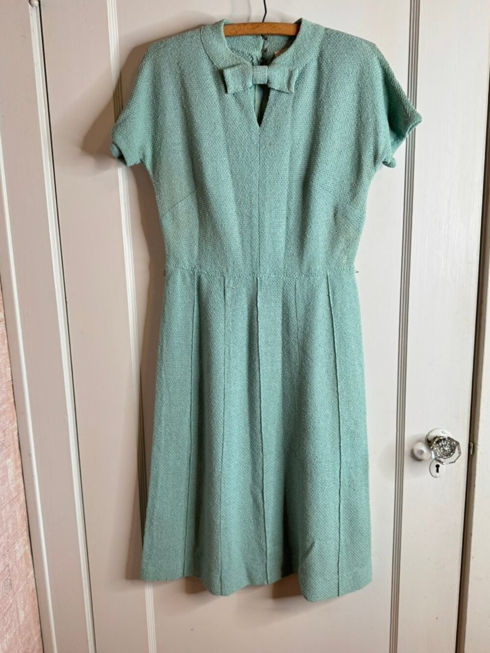 Vtg Mint Green Knit Short Sleeve Bow Dress 1940's sz XS
